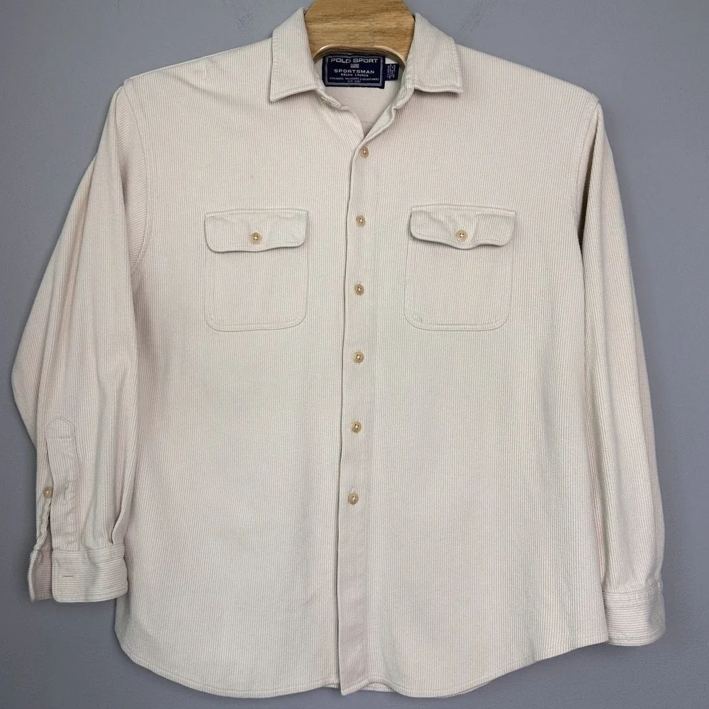 Polo Sport Ralph Lauren Shirt Men XL Ribbed Cotton Button‎ Up Pocket 90s Y2K